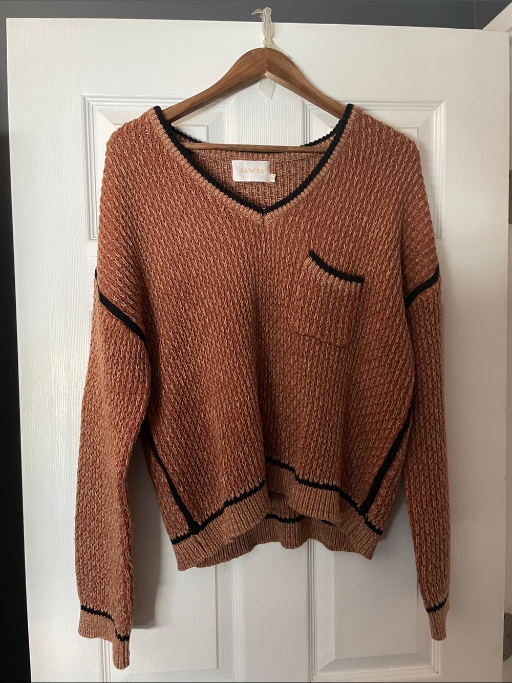 Sancia Women's V-Neck Rust Sweater with Black Trim